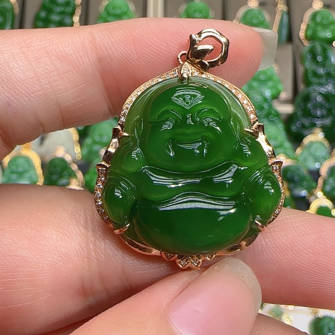 和田玉（碧玉）吊坠(不含链)18K金镶嵌