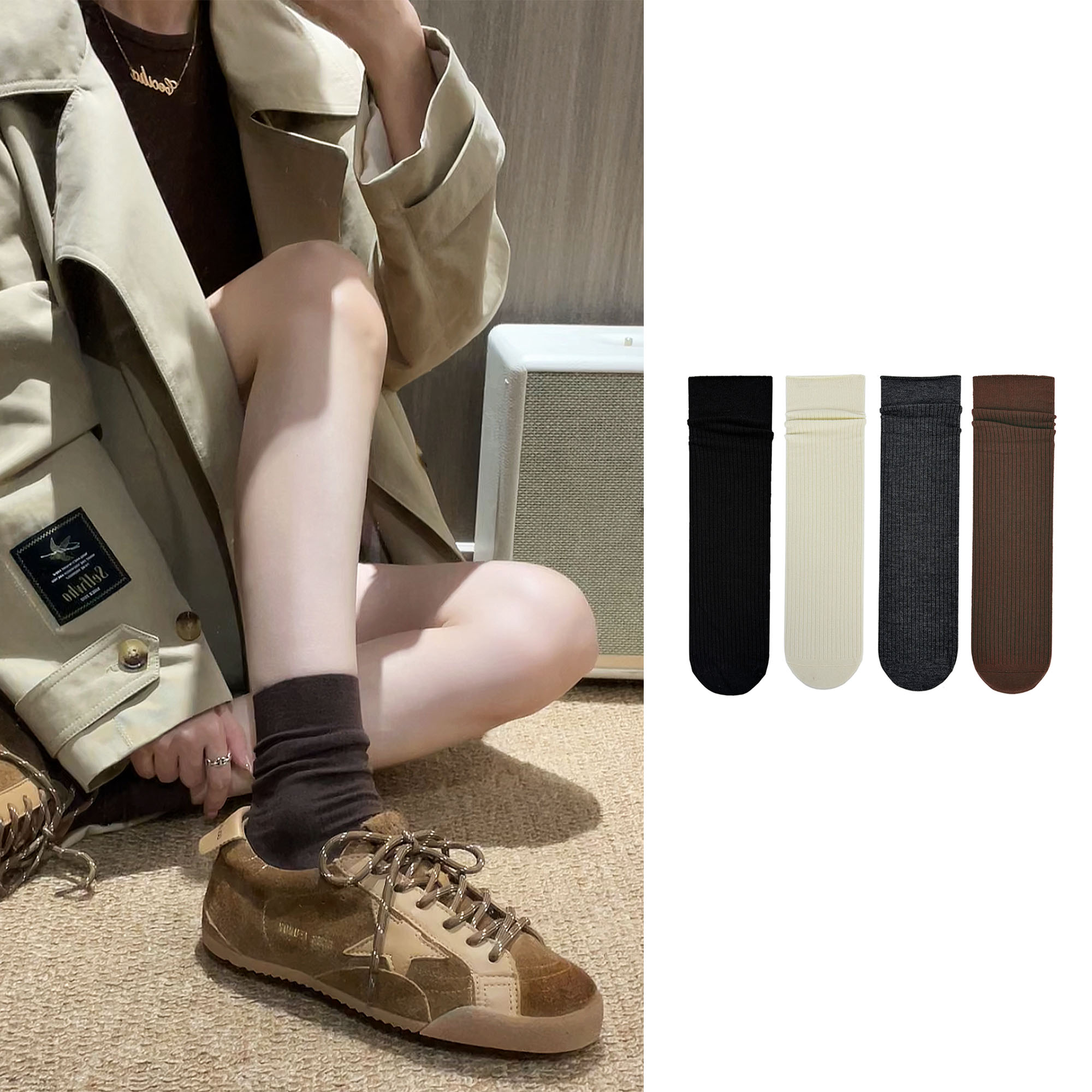 纯色中筒袜安可拉红小腿堆堆袜走秀款高弹基础款百搭德训鞋老爹鞋