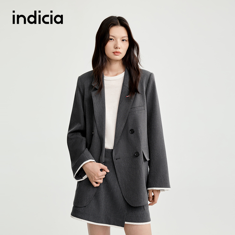 indicia标记25秋新款时尚斜门襟撞色边韩系西装外套L2C5XZ140