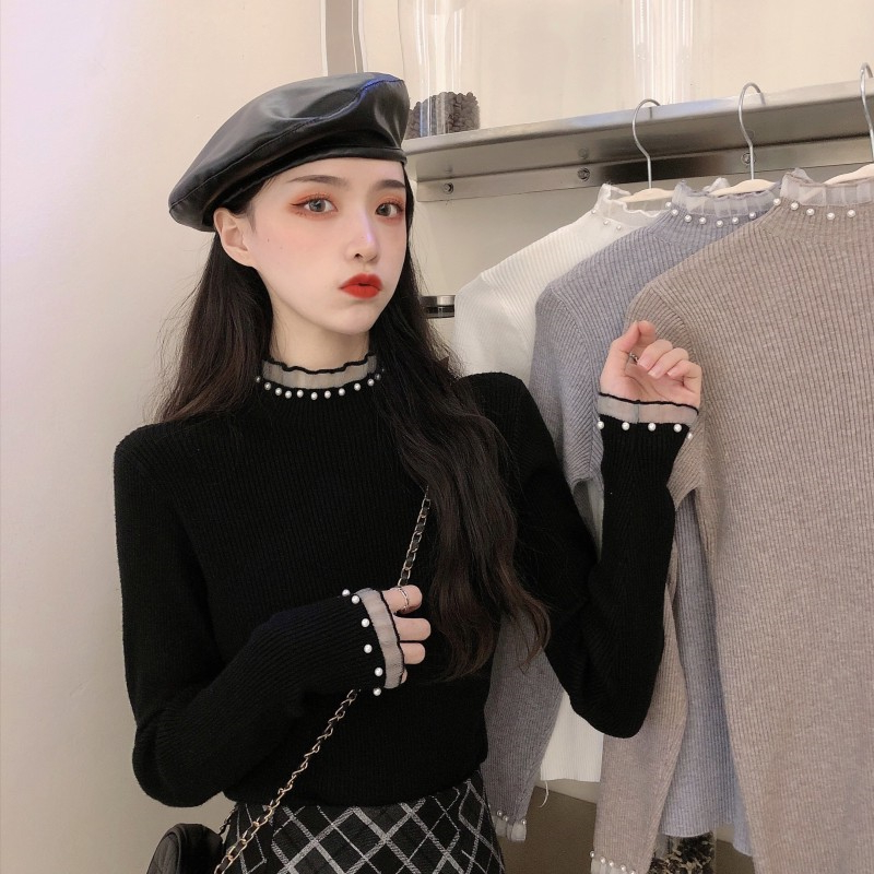 3527大码2025春季新款半高领针织打底衫胖mm宽松显瘦蕾丝长袖毛衣