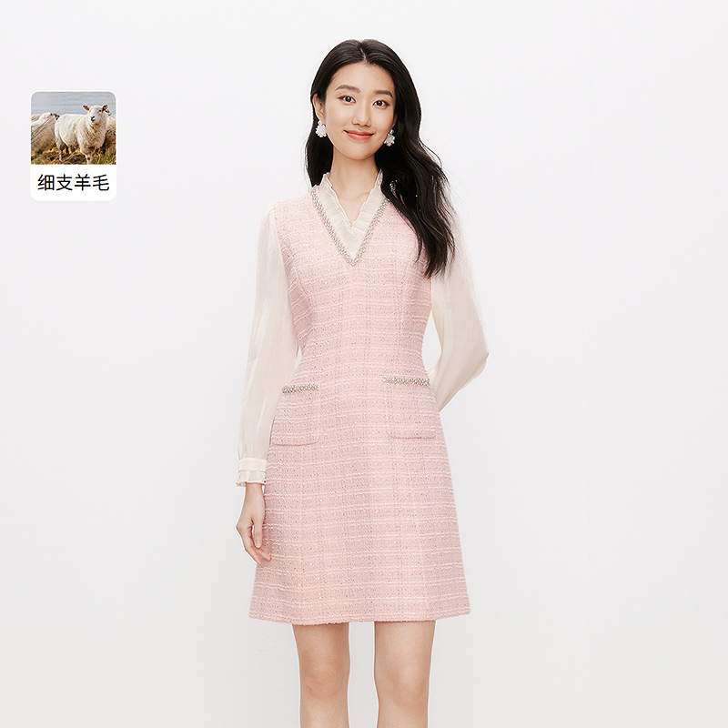 【婷婷专属】珂莱蒂尔小香风拼接粗花呢羊毛针织长袖连衣裙