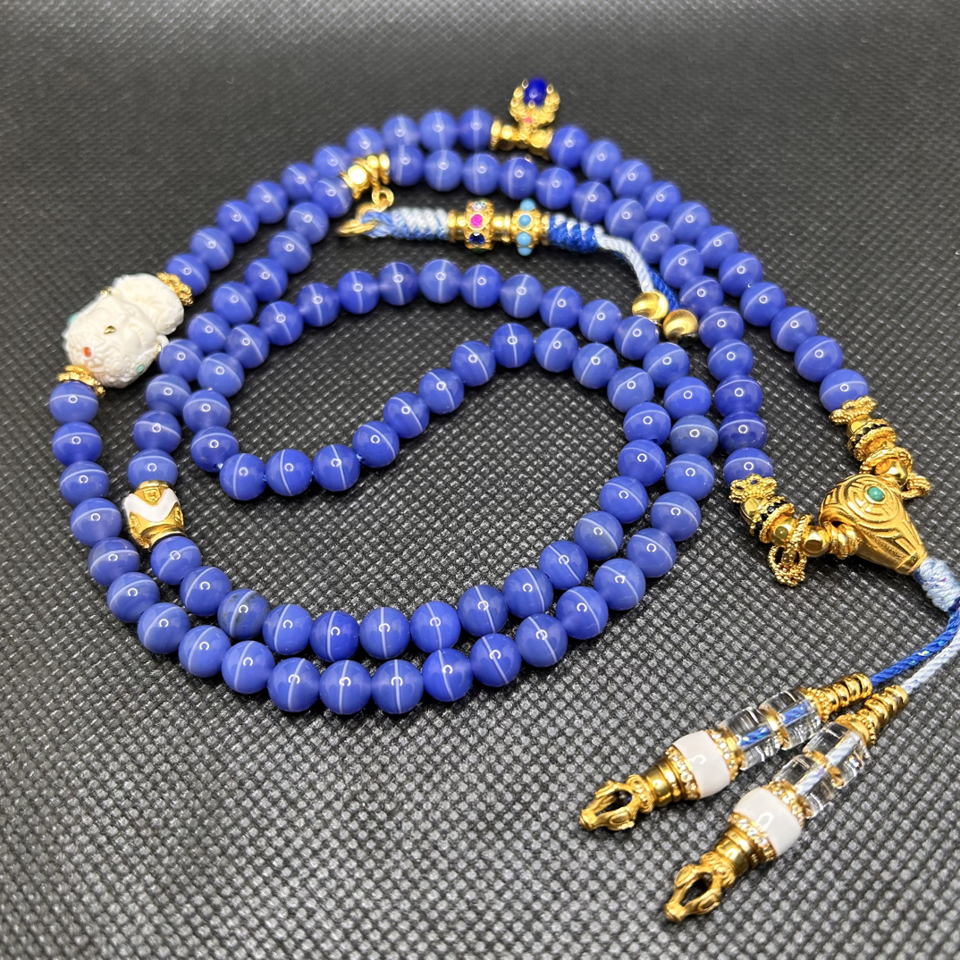 天然原矿无优化蓝沁一线药师条纹玛瑙设计款108项链6mm左右