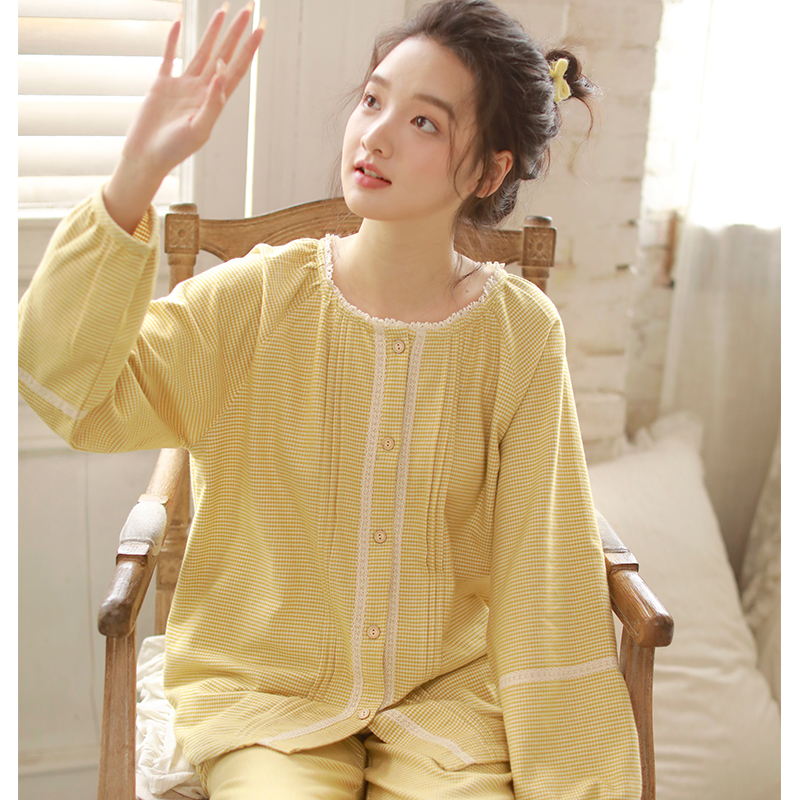 秋冬女士纯棉磨毛花边格子长袖可外穿宽松家居服睡衣套装258591