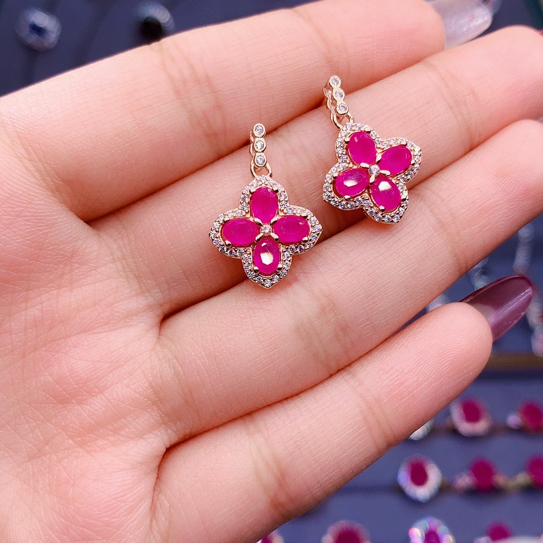 红宝石耳饰银S925镶嵌