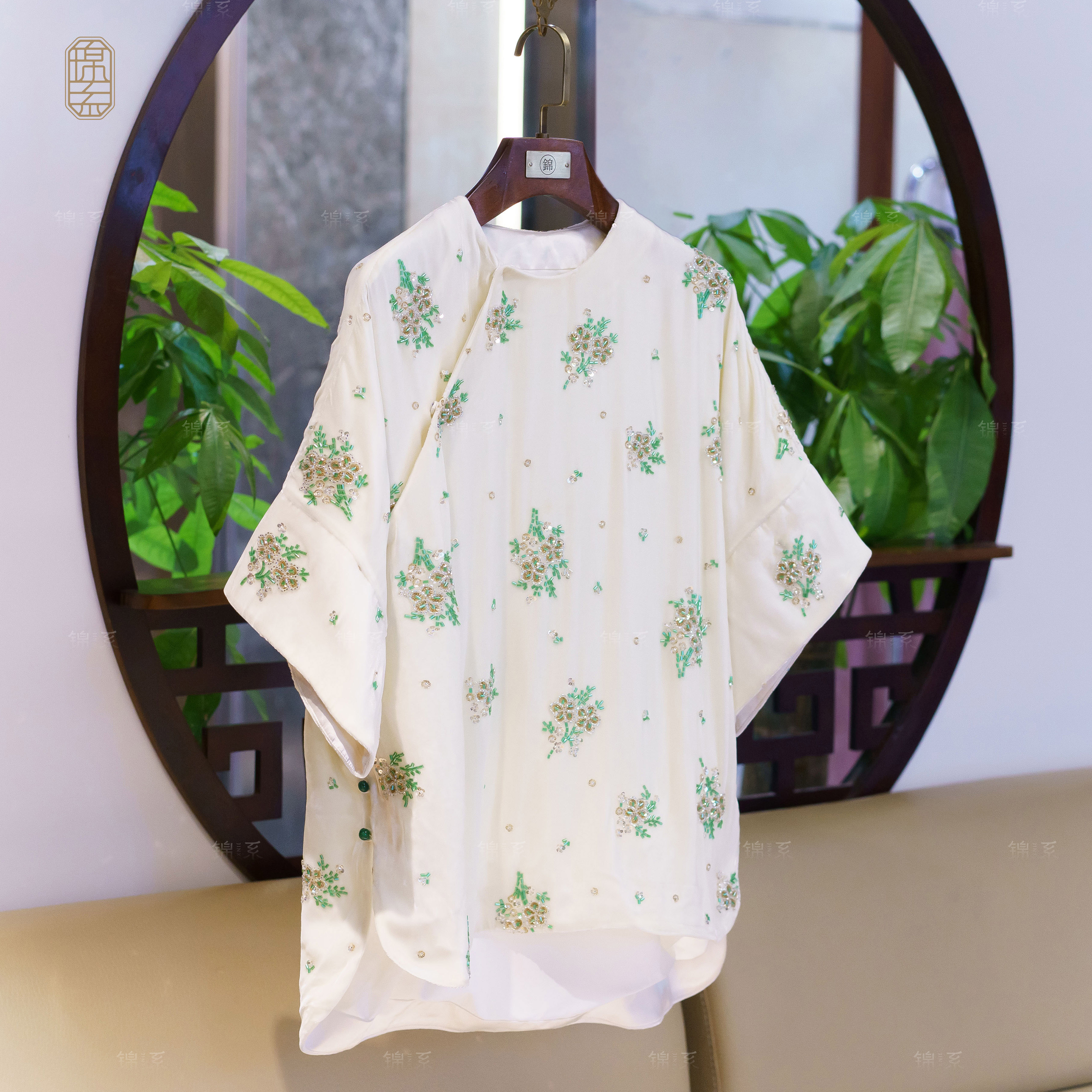 【锦系~新款】真丝丝绒新中式国风桑蚕丝圆领斜襟七分袖上衣-391336