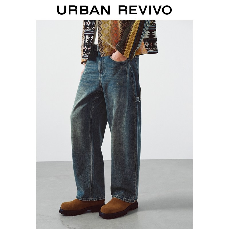 UR2026春季新款男装休闲设计感做旧水洗弯刀牛仔长裤UML860001