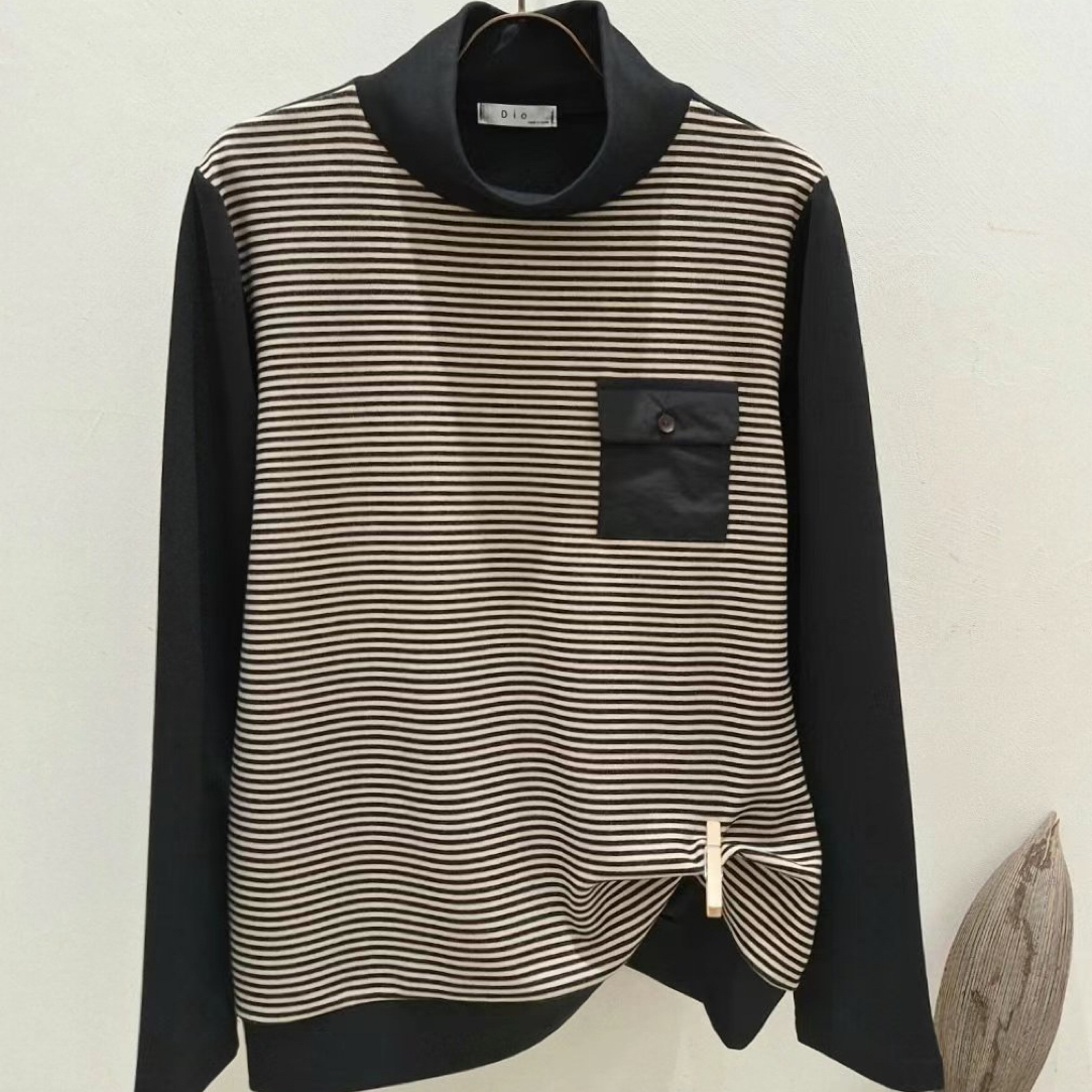 韩国东大门休闲百搭加绒条纹半高领棉弹力小衫