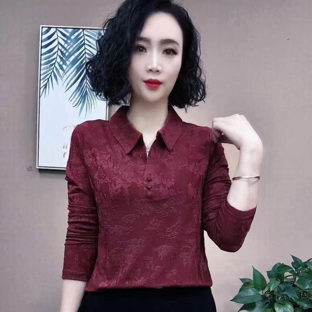 春秋上衣女时尚翻领休闲提花长袖小衫减龄气质洋气显瘦妈妈上衣女