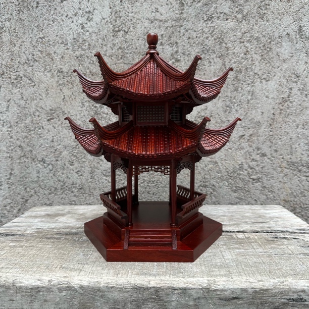 中式木雕工艺品古建筑模型一览亭客厅办公室玄关桌面摆件