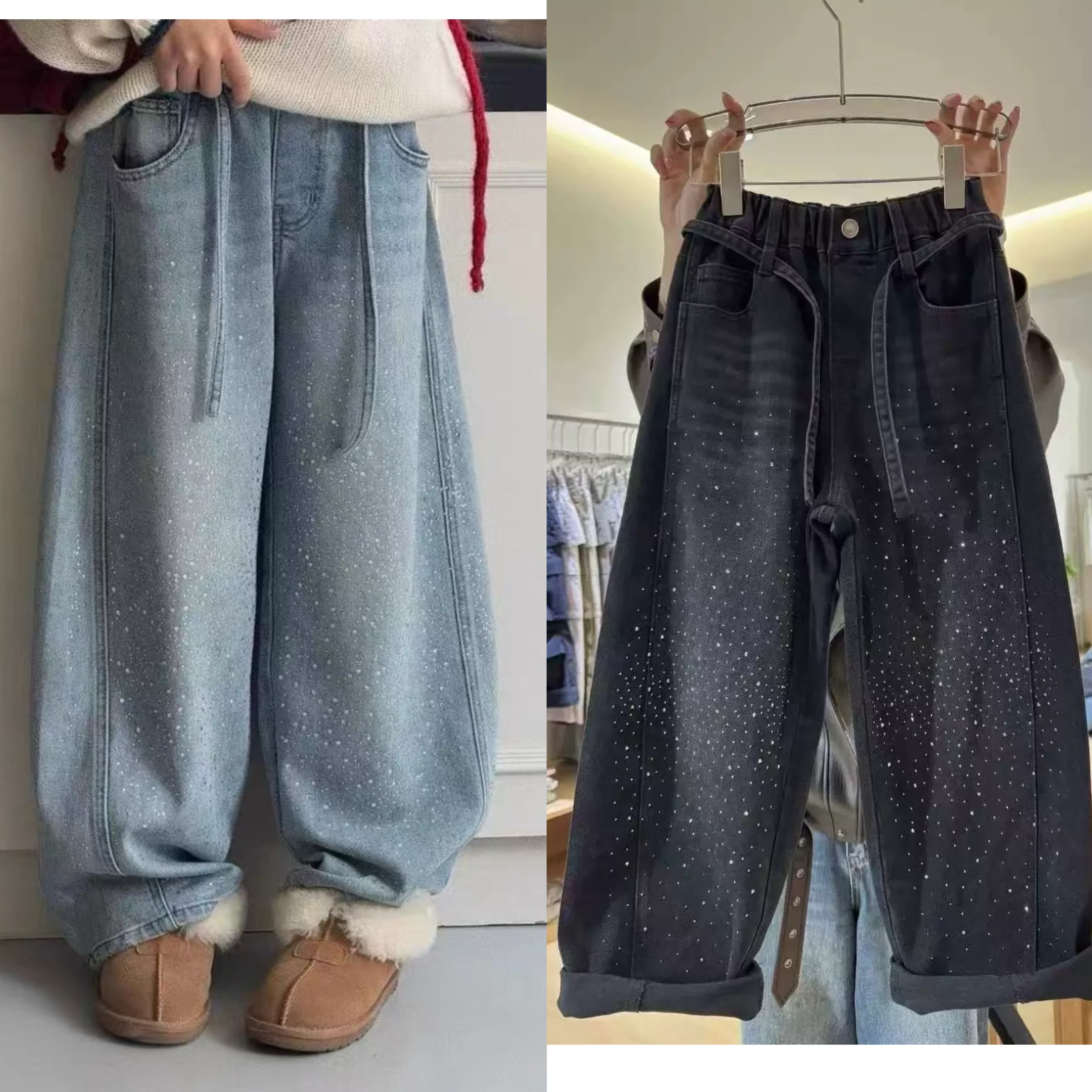 【璀璨星闪裤】儿童加绒牛仔裤2025冬季新款男女童韩版百搭加厚长裤