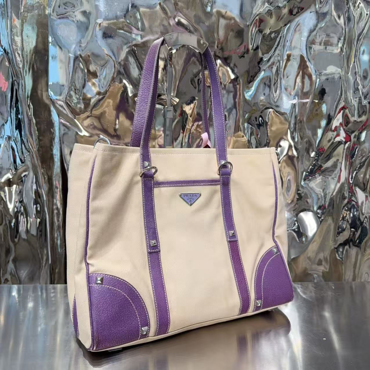 95新 Prada/普拉达 紫色 托特 拼帆布 手提