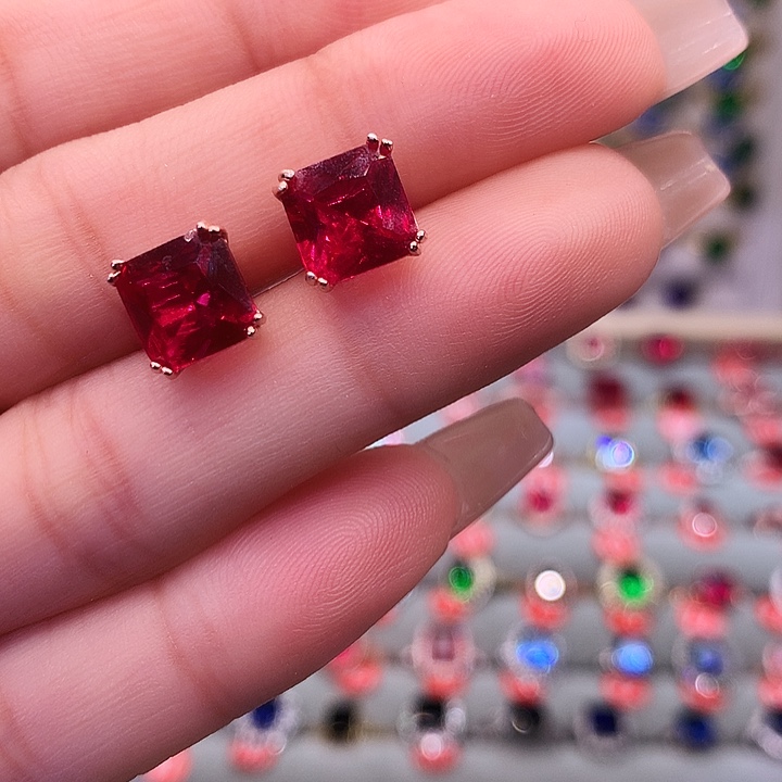 红宝石耳饰银S925镶嵌