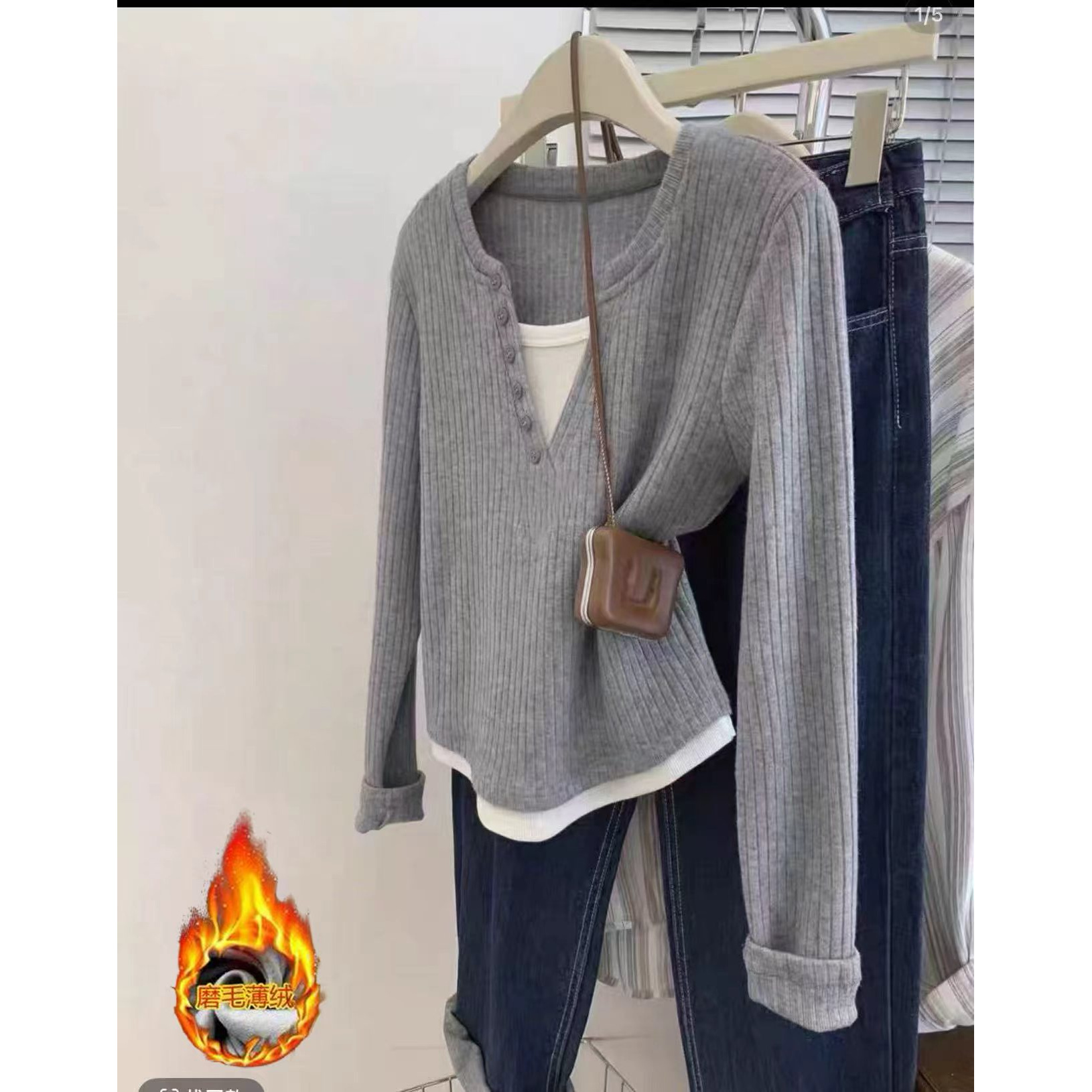 糯米绒·超火~假两件长袖韩版打底衫纽扣设计感上衣潮25125