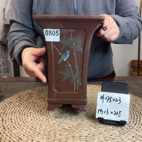 紫砂花盆紫玉金砂内奎竹林鸟趣手绘飘口四方0805