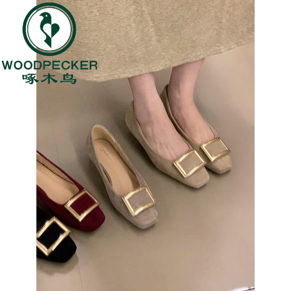 啄木鸟2025新款金属方扣浅口单鞋女粗跟方头玛丽珍鞋百搭通勤鞋