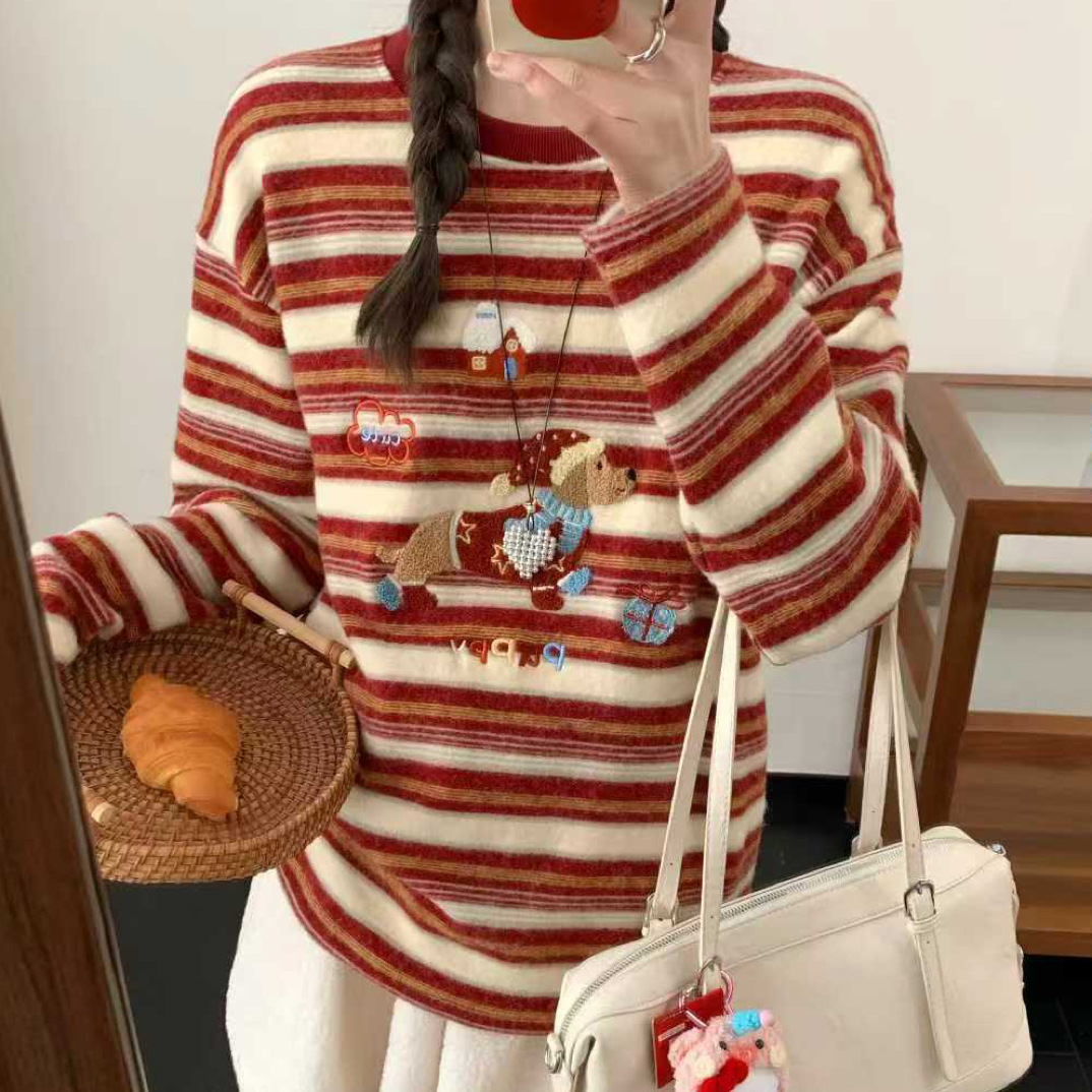 腊肠狗刺绣条纹兔毛绒长袖打底T恤长袖女打底套头保暖女T恤韩版潮