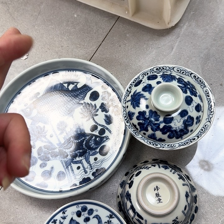 瓷片青花鱼藻4件套景德镇