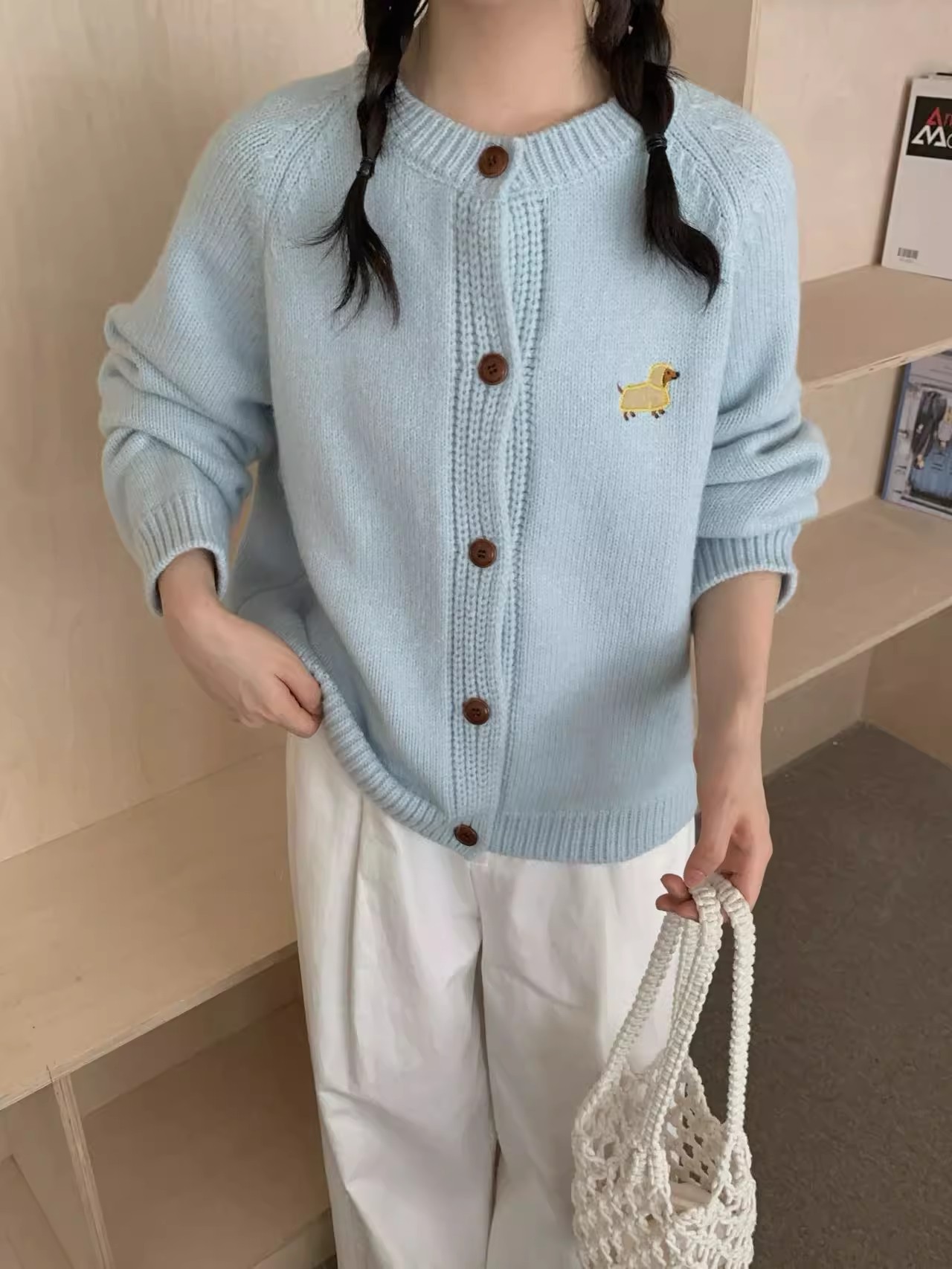 韩系显白小狗刺绣针织开衫女2025秋冬新款宽松百搭显瘦毛衣外套潮