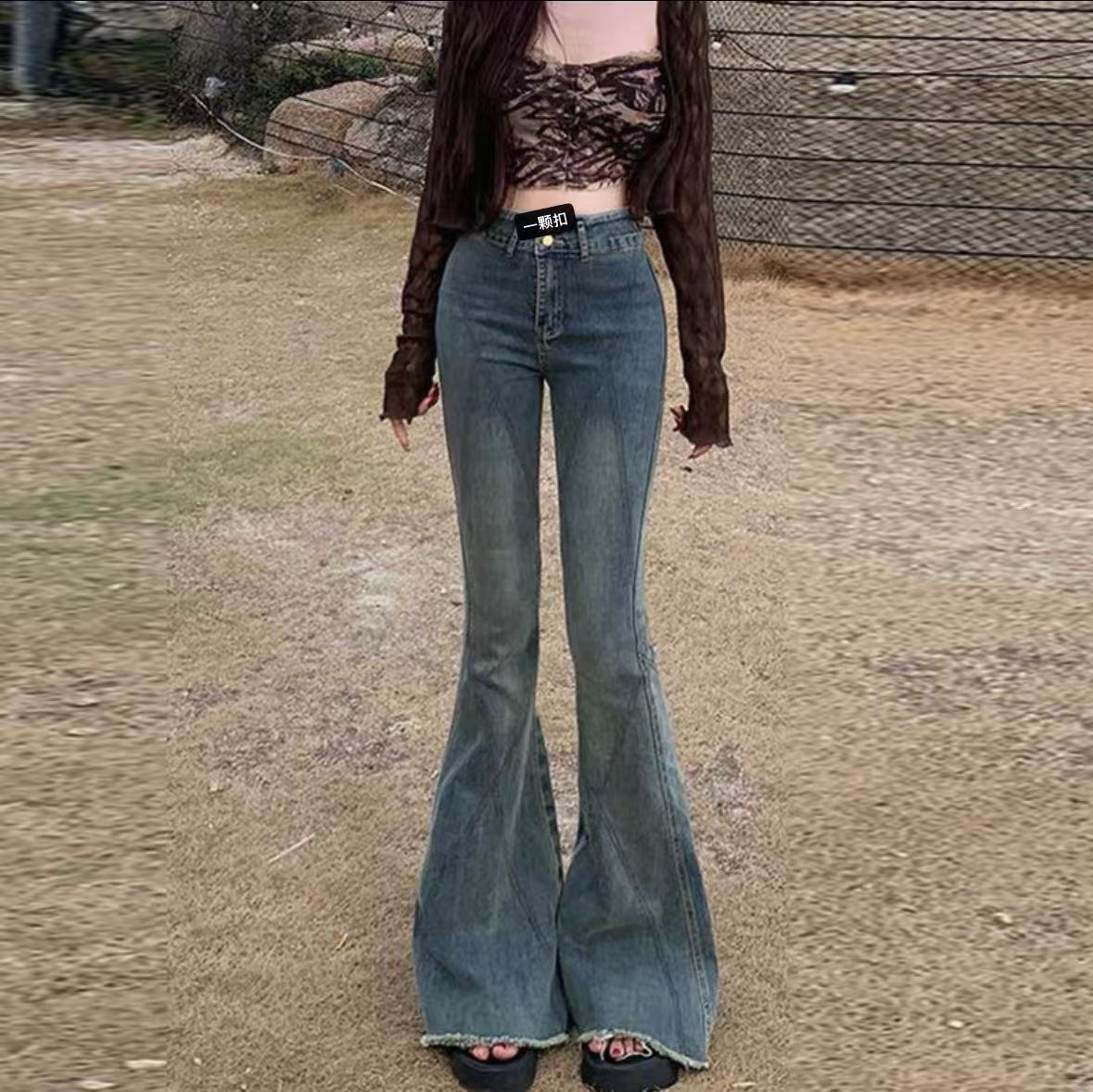 宽松喇叭裤线条毛边微喇牛仔裤女2025春季高腰修身弹力鱼尾喇叭裤