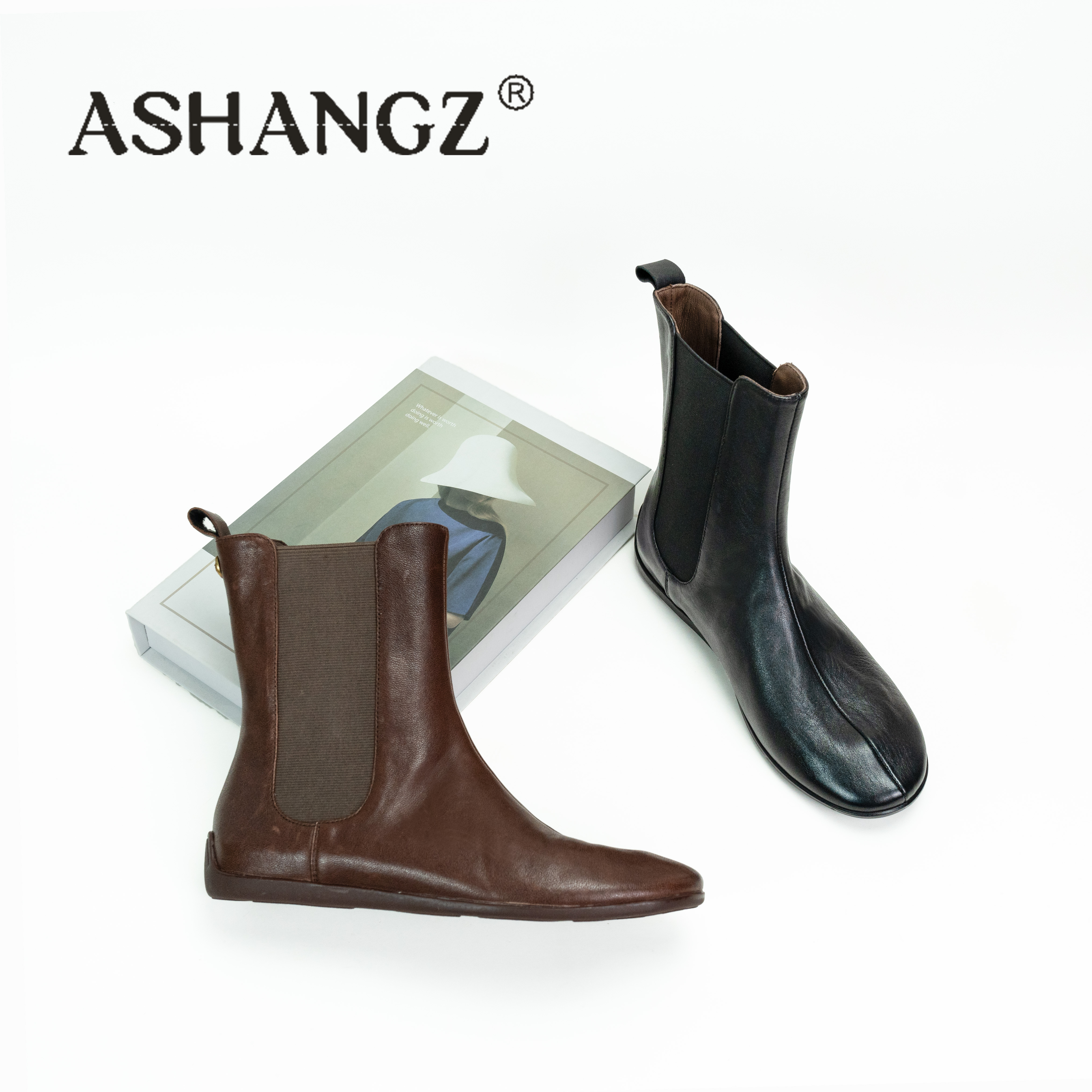 [艾尚周] 圆头秋冬季女靴切尔西靴单靴皮靴甜美女鞋极简风筒靴