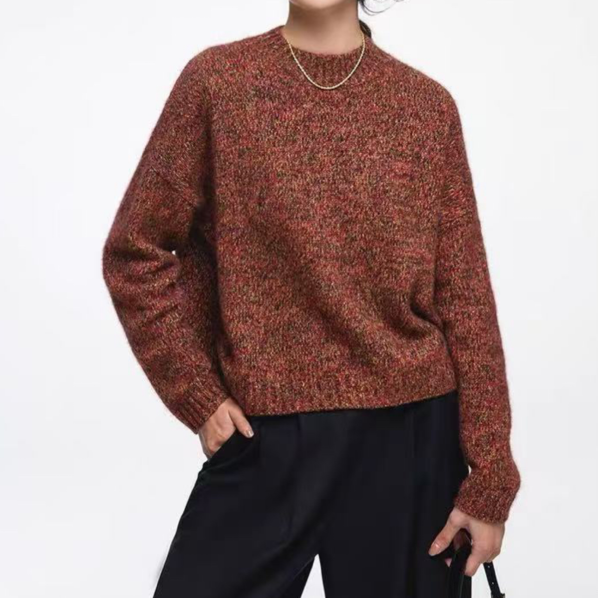 混色花纱女半高领宽松慵懒套头针织加厚毛衣6697