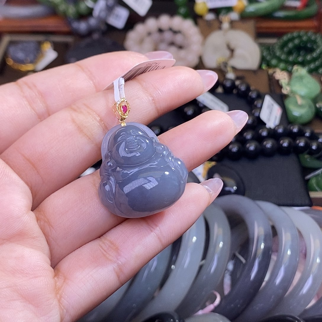 和田玉烟紫老矿料金镶佛公吊坠未镶嵌