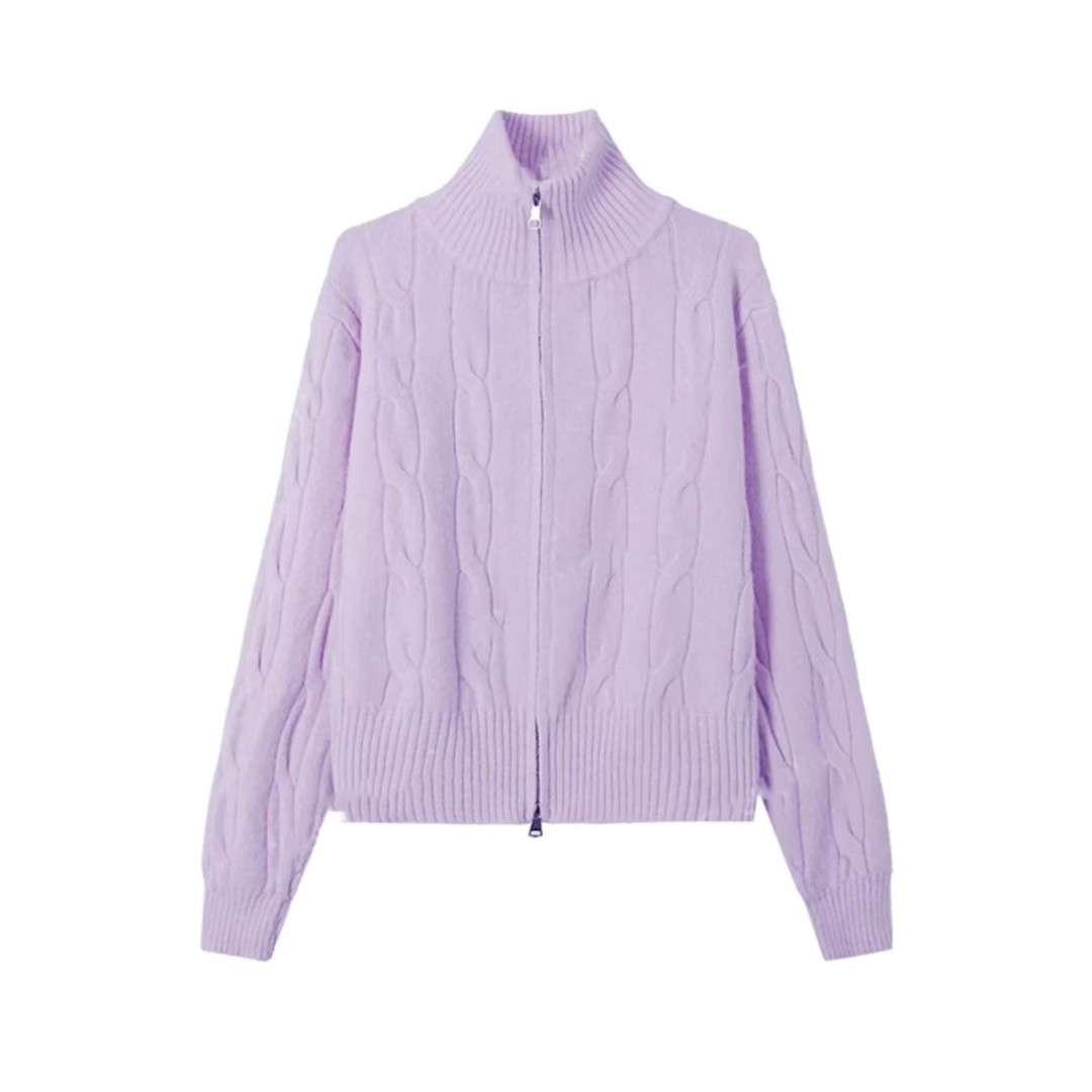 5079秋冬纯色高领开衫毛衣女针织短款麻花加厚外套