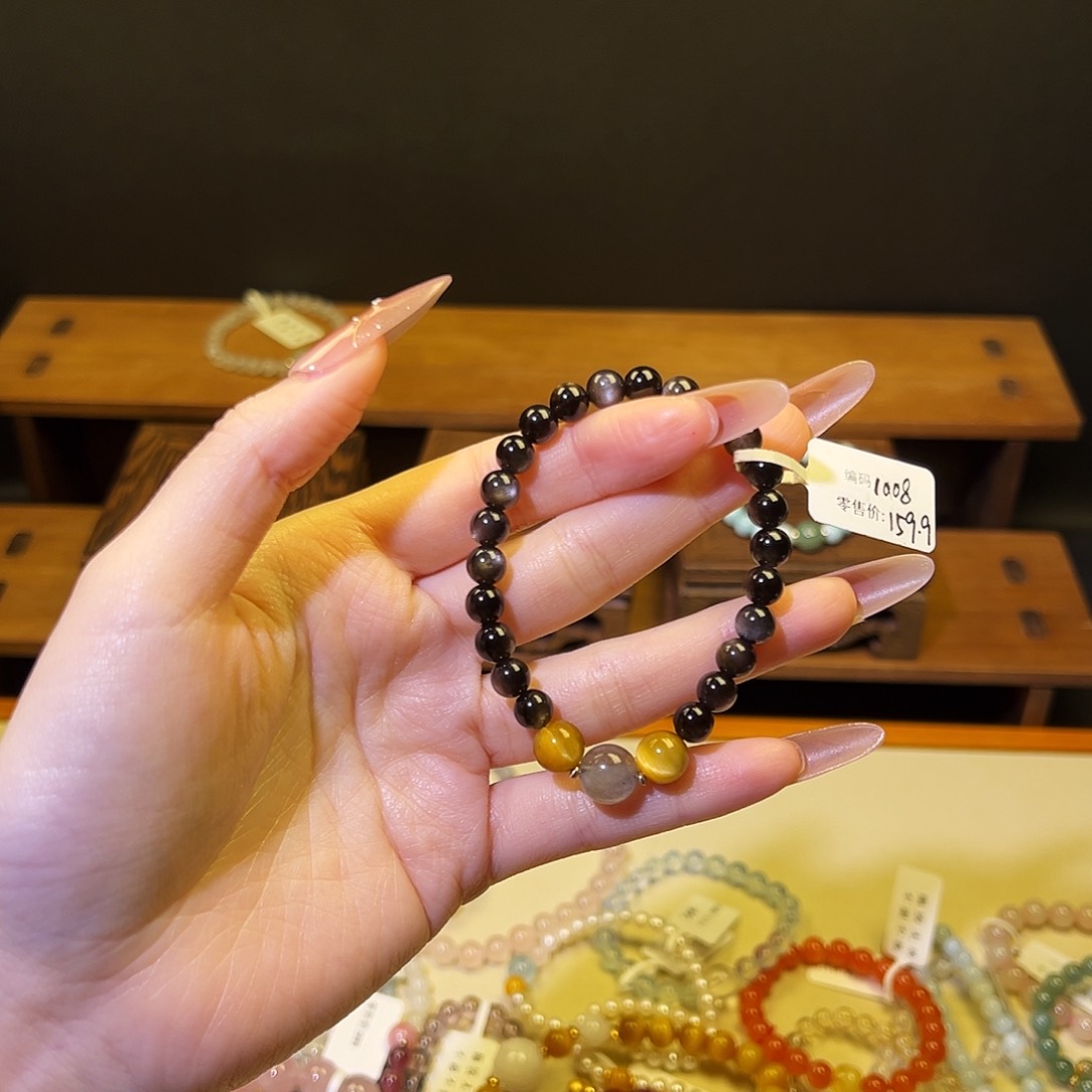 水晶手链银S925镶嵌银曜石1008