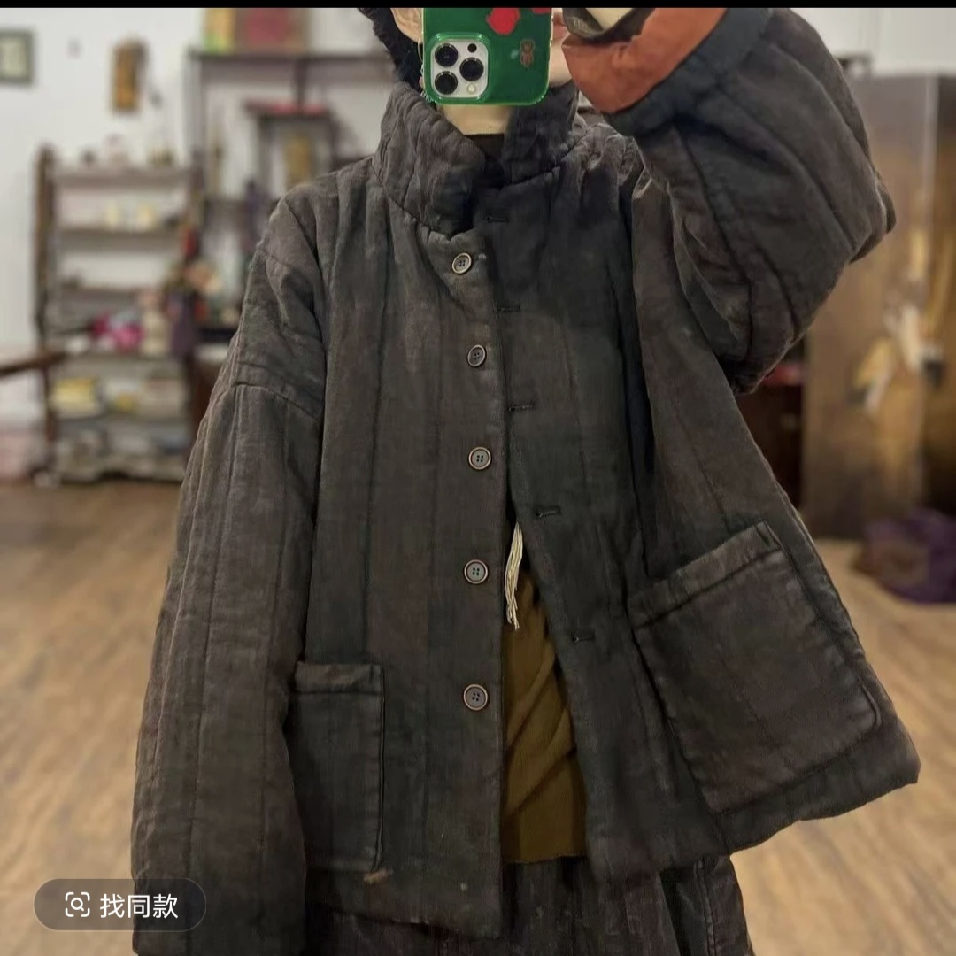 素喜光阴-炒色亚麻立领复古长袖百搭文艺宽松棉服（胸围142长度60）