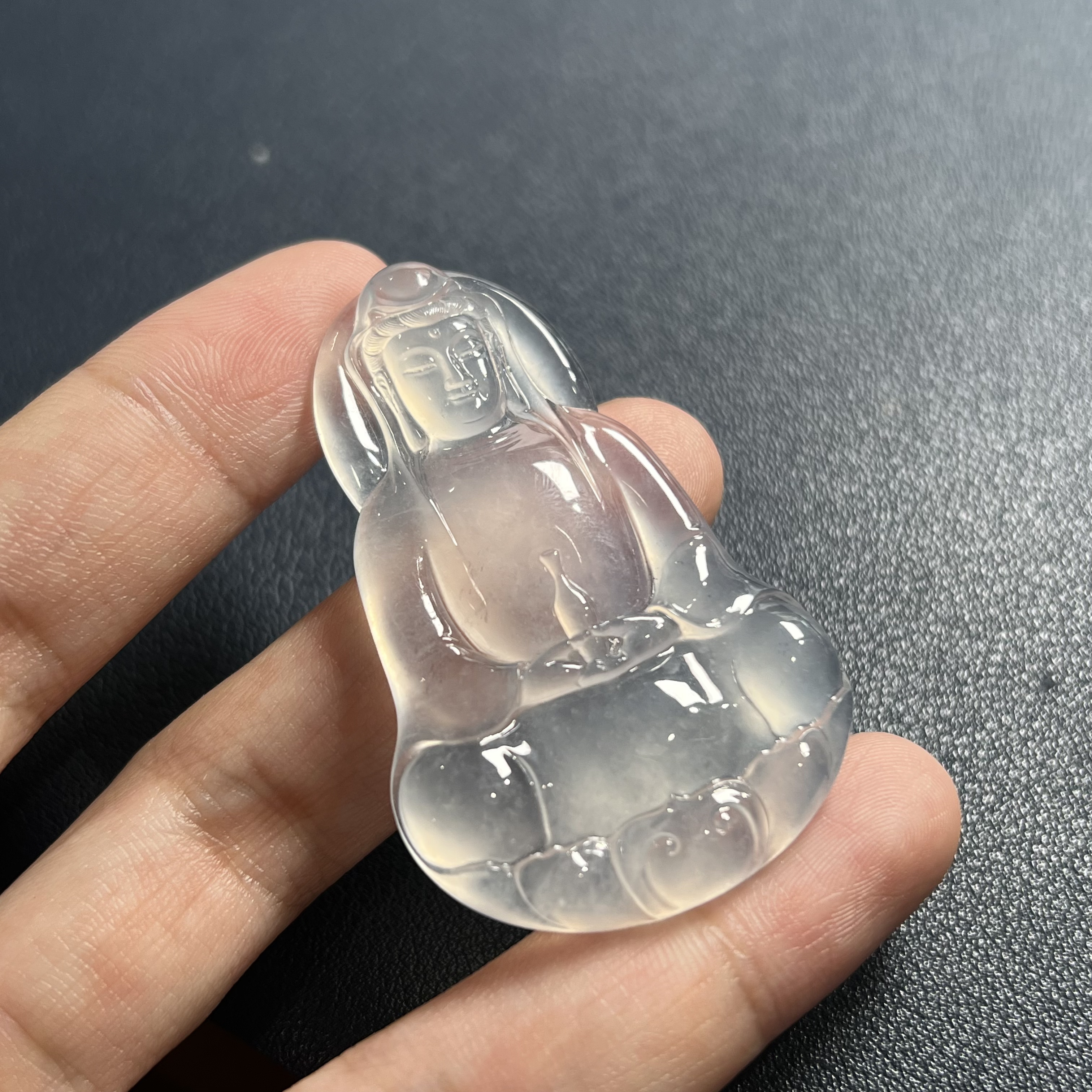 缅甸A货翡翠高冰素衣白钢观音吊坠52.7×33.7×5.3