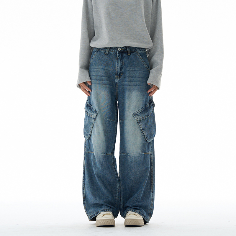 美式复古阔腿工装牛仔裤男女款直筒潮牌高街休闲多口袋宽松裤子