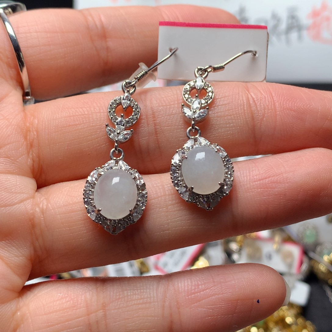 翡翠戒指银S925镶嵌天然翡翠耳饰