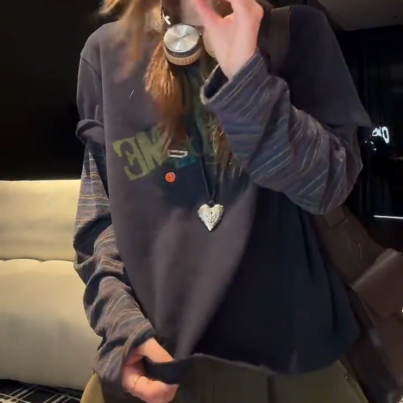 设计感撞色条纹拼接磨毛假两件长袖T恤LK2508812