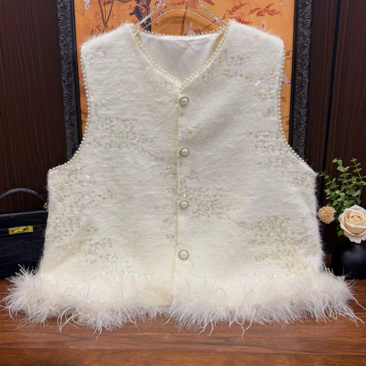 法式名媛轻奢大码新中式国风兔毛珍珠亮片拼接毛毛马甲百搭时尚