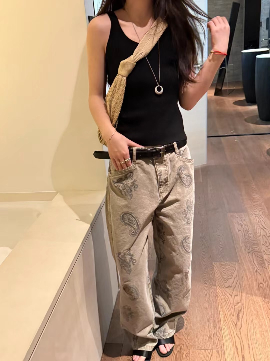 腰果印花牛仔裤高腰复古时尚宽松休闲长裤女