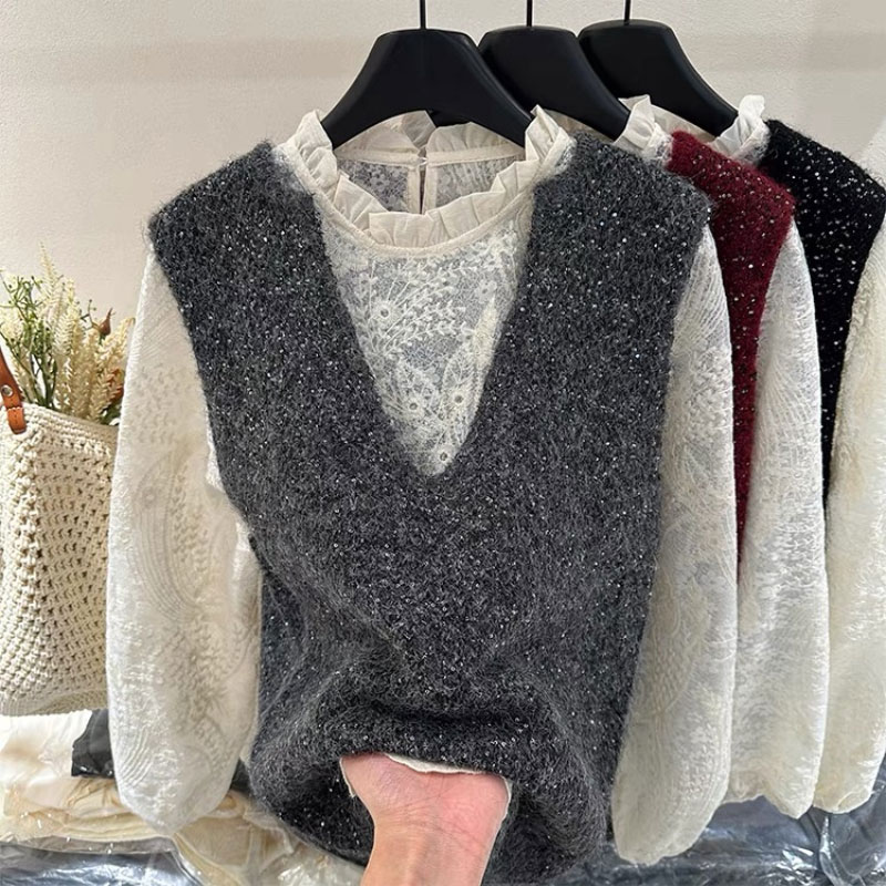 灰色亮闪闪V领毛衣马甲背心女早春季新款慵懒高级感时尚叠穿上衣