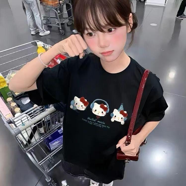 NASA联名kitty重磅黑色短袖t恤女小个子夏新款宽松chic韩系穿搭
