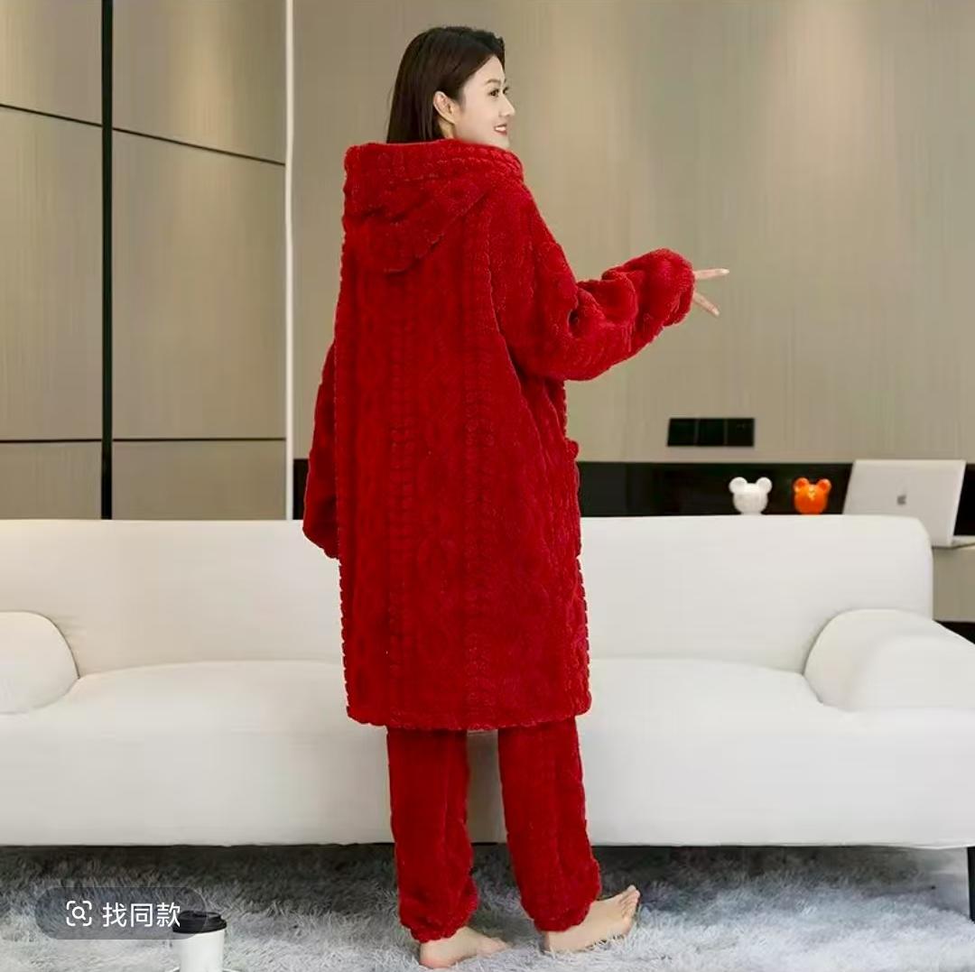 冬季女士中长款加绒加厚连帽大码套装睡衣可外穿睡衣家居服套装
