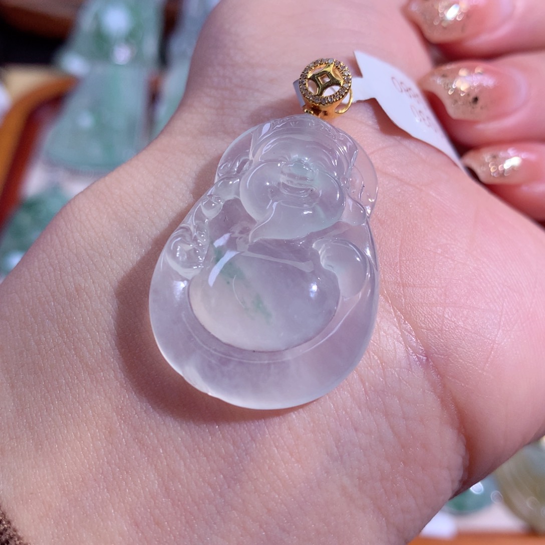 翡翠吊坠(不含链)18K金镶嵌飘花财财