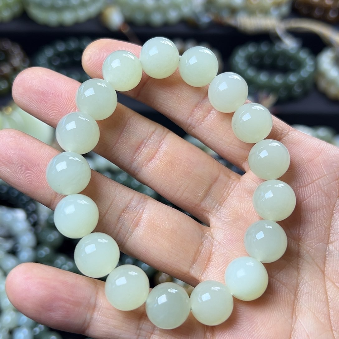 和田玉手链未镶嵌青海蜂蜜水卡12圆珠 