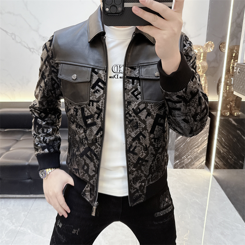 冰希高定.气质商务男士绵羊皮拼皮翻领保暖羽绒夹克2025冬季新款