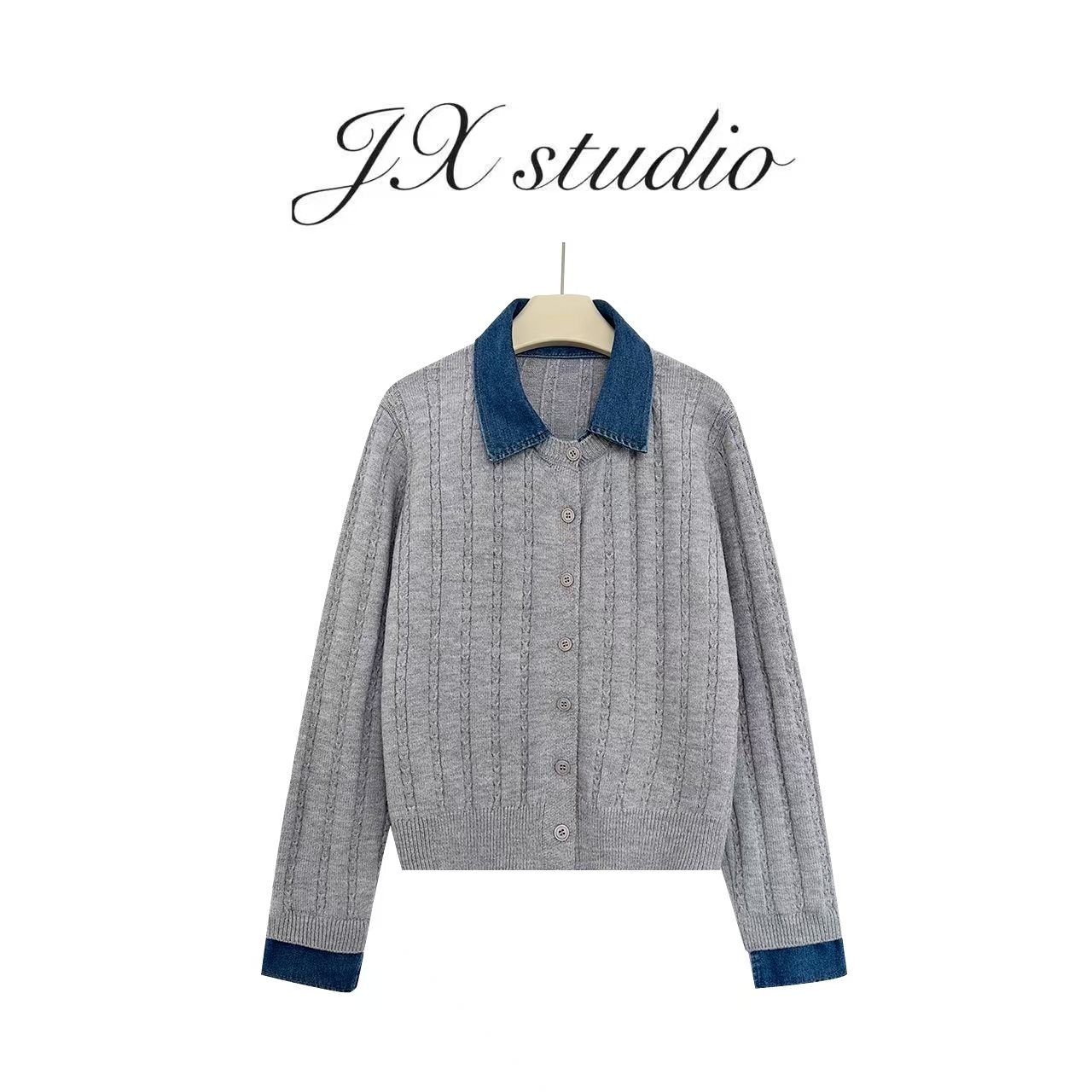 静贤【气质美学】新款韩版气质显瘦拼接假两件针织开衫