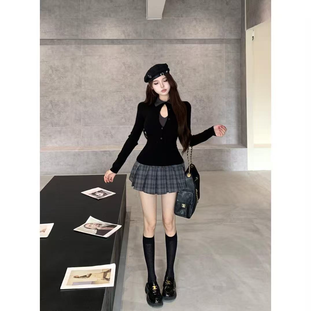 美式辣妹polo领假两件长袖上衣+格子百褶裙两件套套装保暖德绒