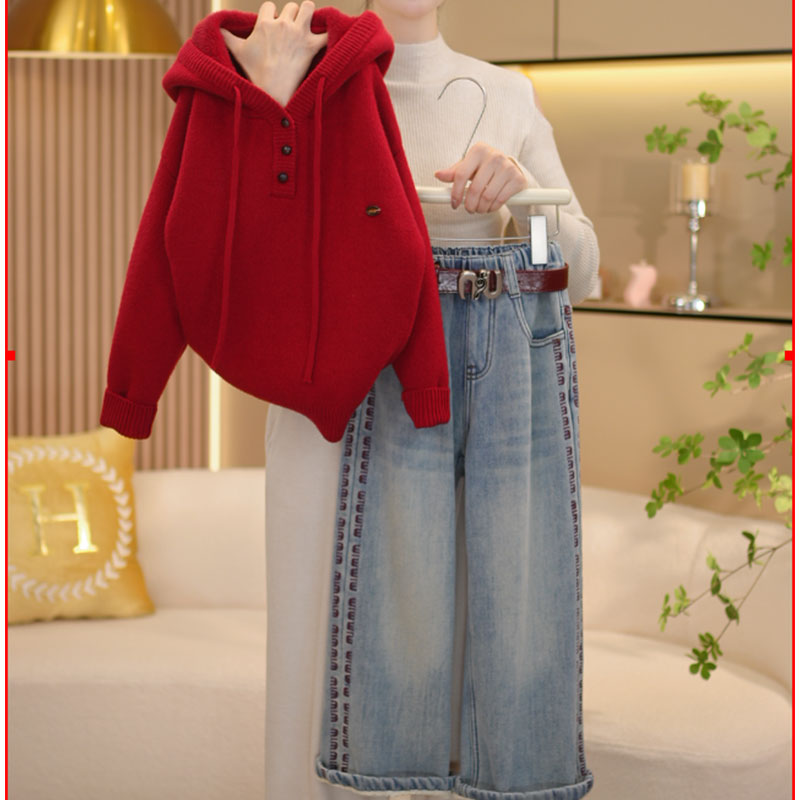 女童2024秋冬季新款韩版针织加毛加厚休闲连帽毛衣-7340