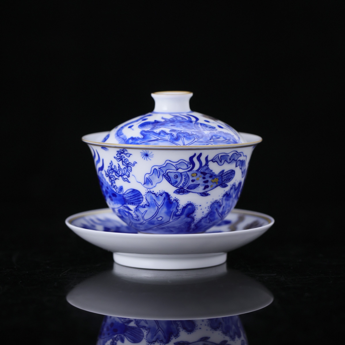 自慢堂-中盖碗青花鱼藻纹  140ml