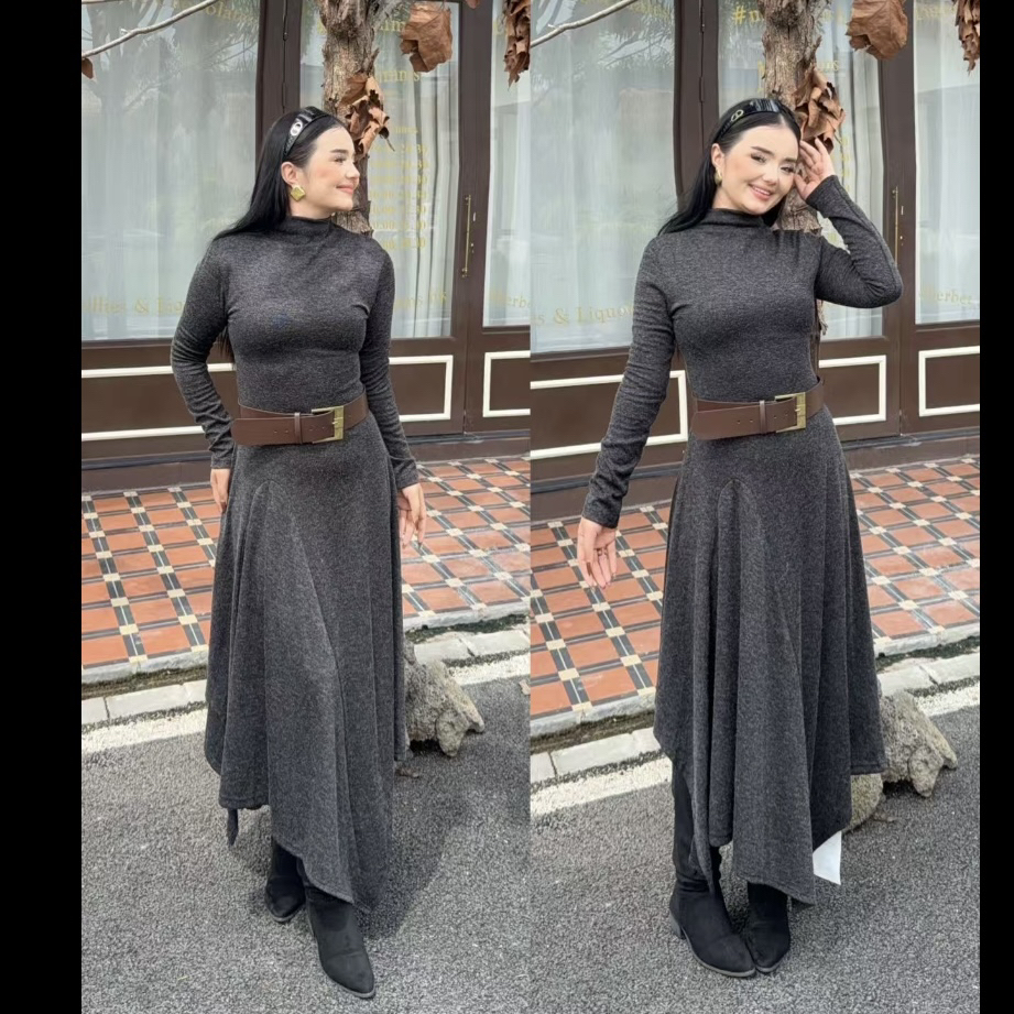 Rayhon早秋新款韩系设计感小众不规则高领长袖修身显衣裙