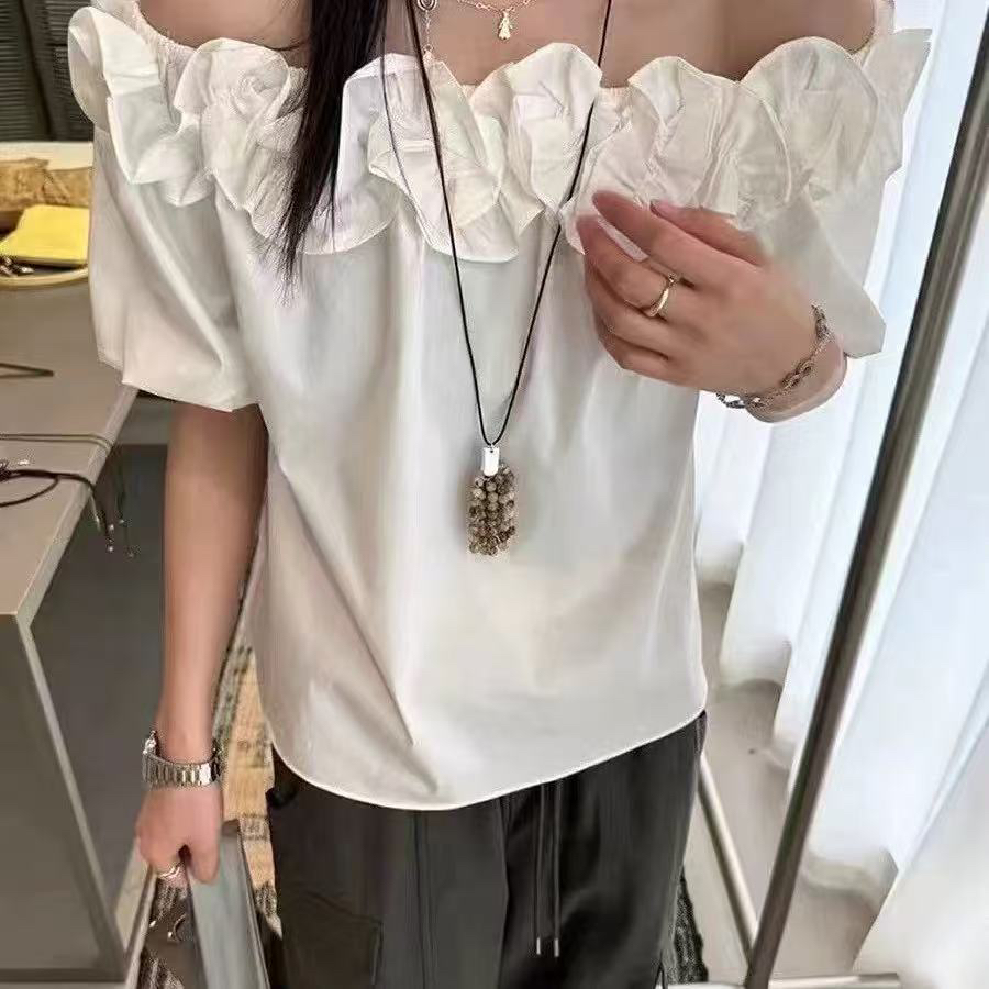 夏季新款韩系花边一字领泡泡袖减龄气质短款衬衫女