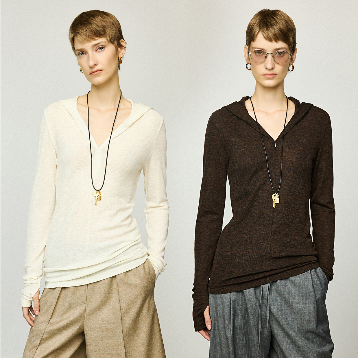 开间/佰搭神器 可水洗真丝羊毛弹力显瘦極简纸片人拉链领连帽上衣