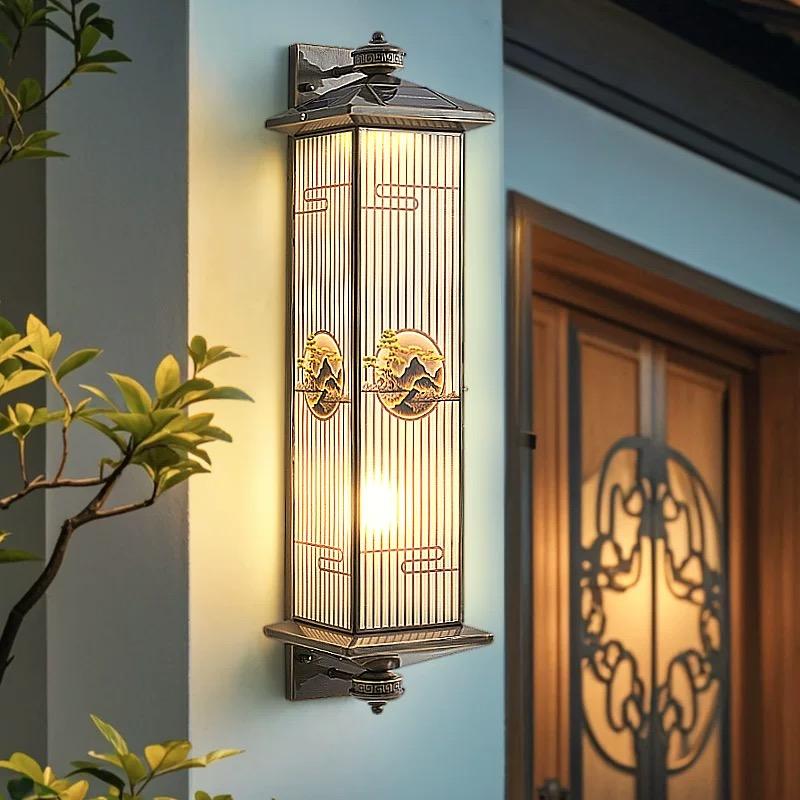 全铜太阳能户外壁灯新中式别墅庭院门柱灯防水室外走廊阳台外墙灯