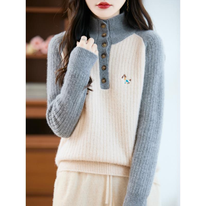 100%纯羊毛七针加厚立领拼色小马女士羊毛上衣D450